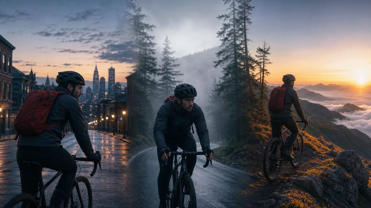 Three connected FLUX 3 keyframes showing one cyclist moving from city to mountain ridge