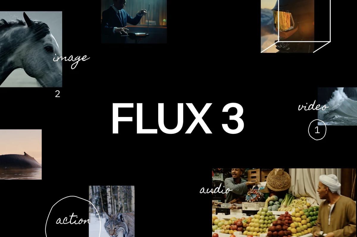 Official FLUX 3 collage showing image, video, audio, and action capabilities