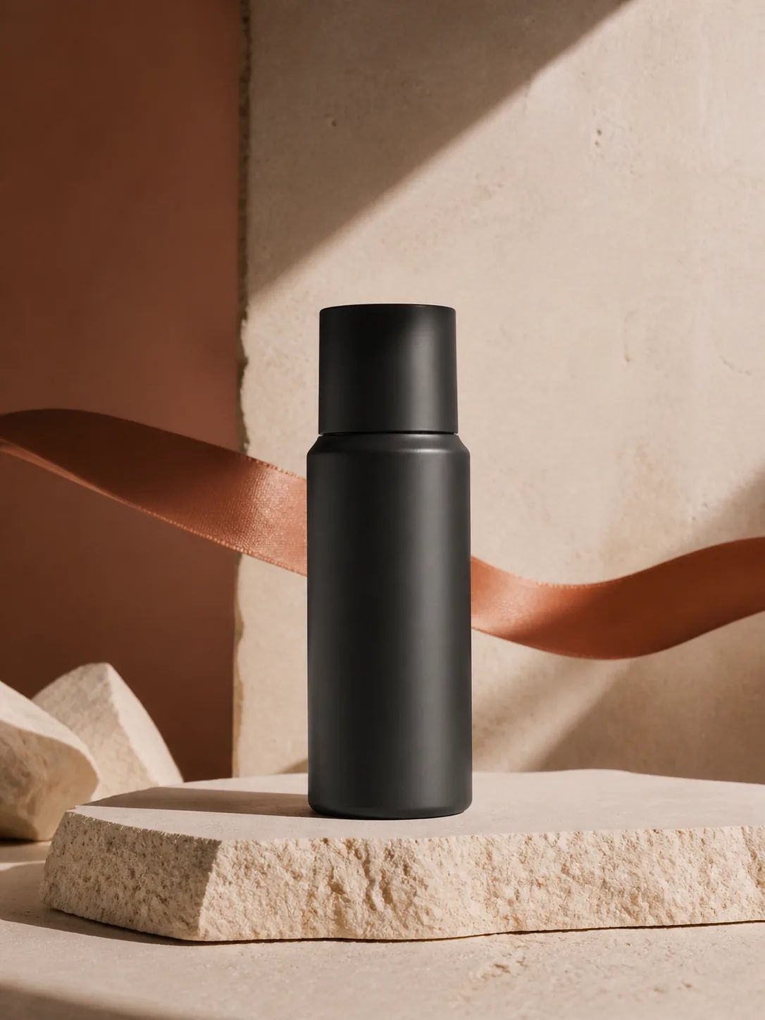 Unbranded charcoal product bottle with a copper ribbon suggesting a product campaign shot
