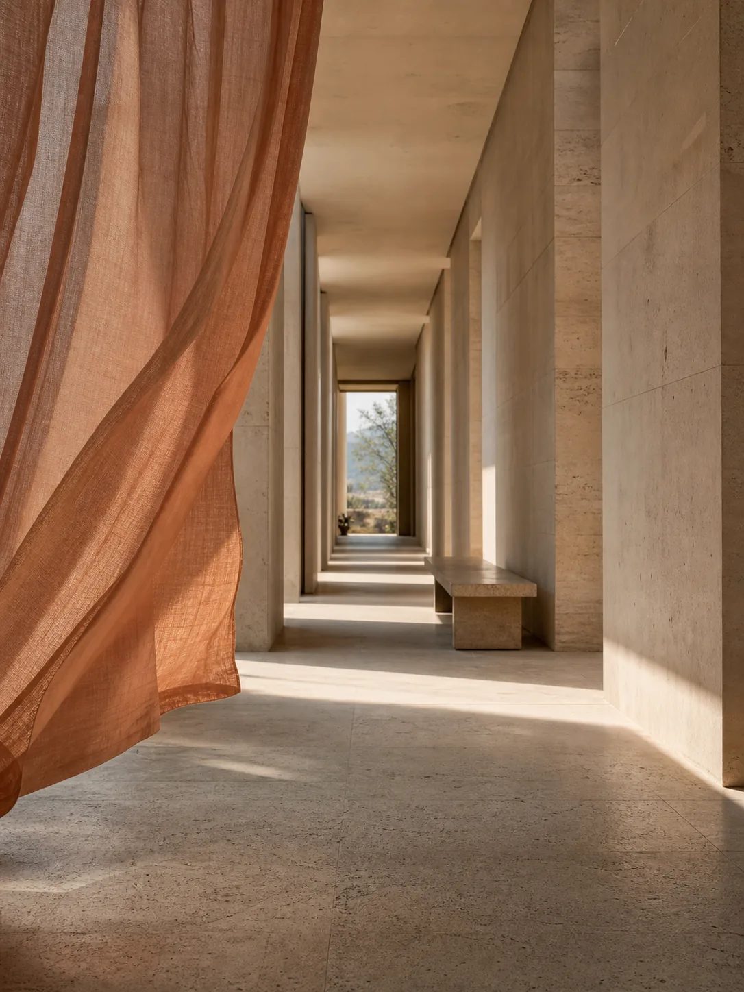 Sunlit limestone corridor with a sheer terracotta curtain lifted by a breeze