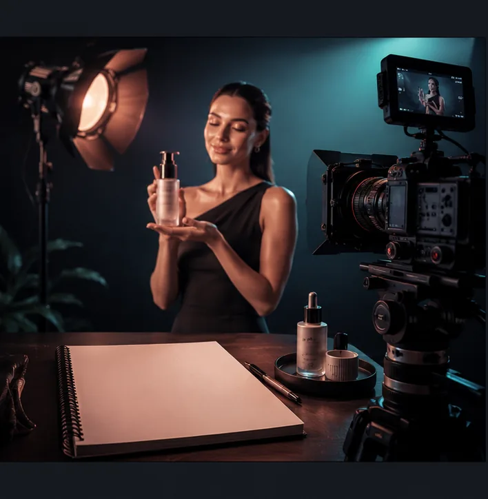 Presenter and camera preparing a scripted product commercial