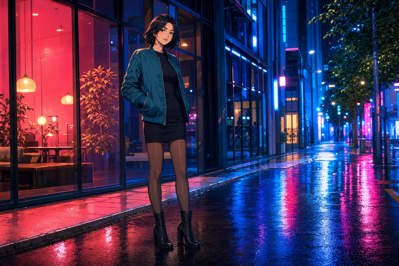 An original photo-to-anime character based on the same adult woman, pose, and outfit