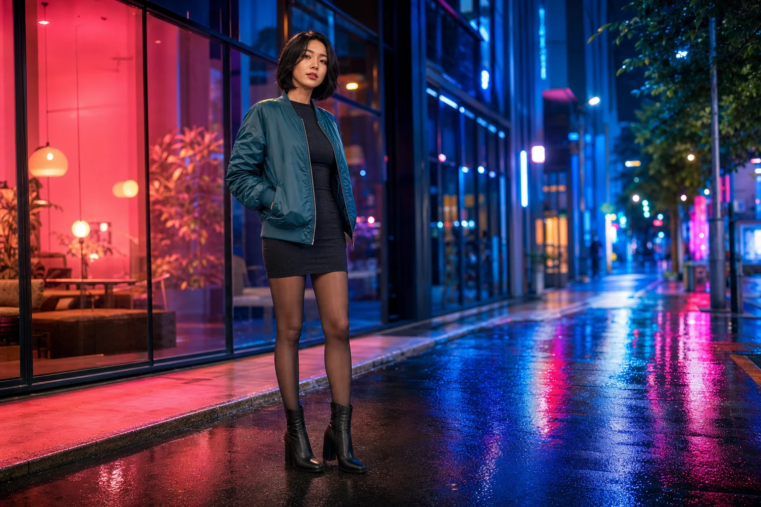 A full-body night street photo of an adult woman in a teal bomber jacket and black dress