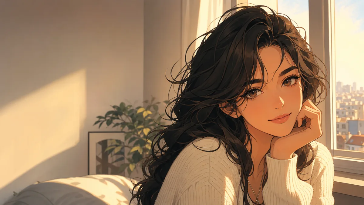 Warm window-lit anime portrait for a profile picture