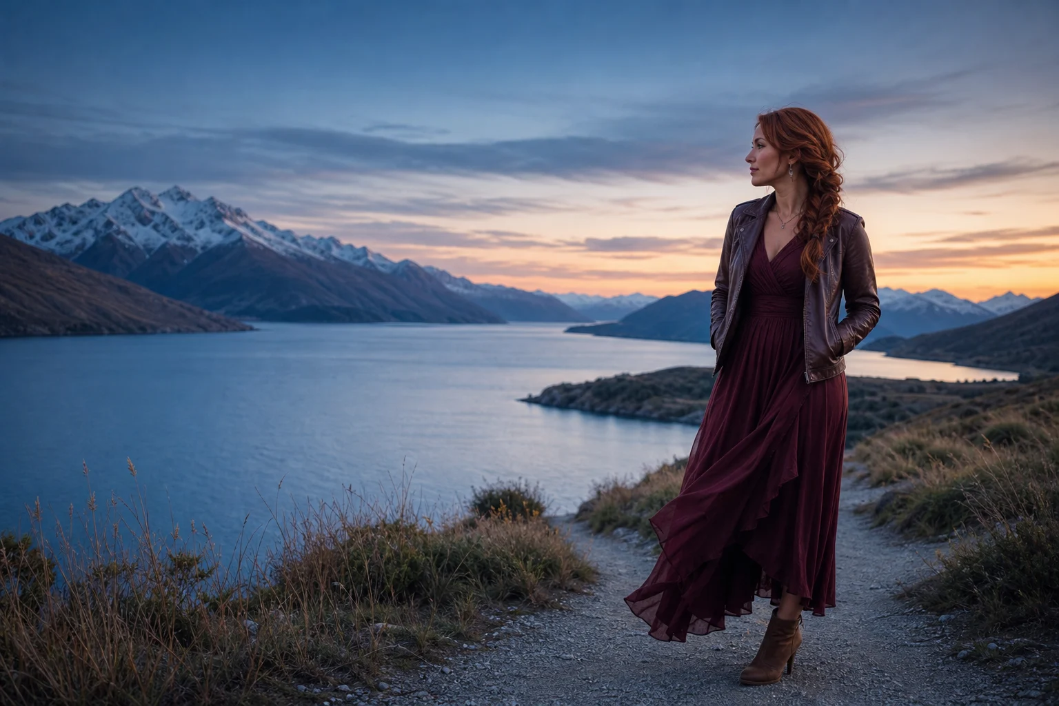 An adult woman in a burgundy travel dress on a lakeside mountain path at blue hour