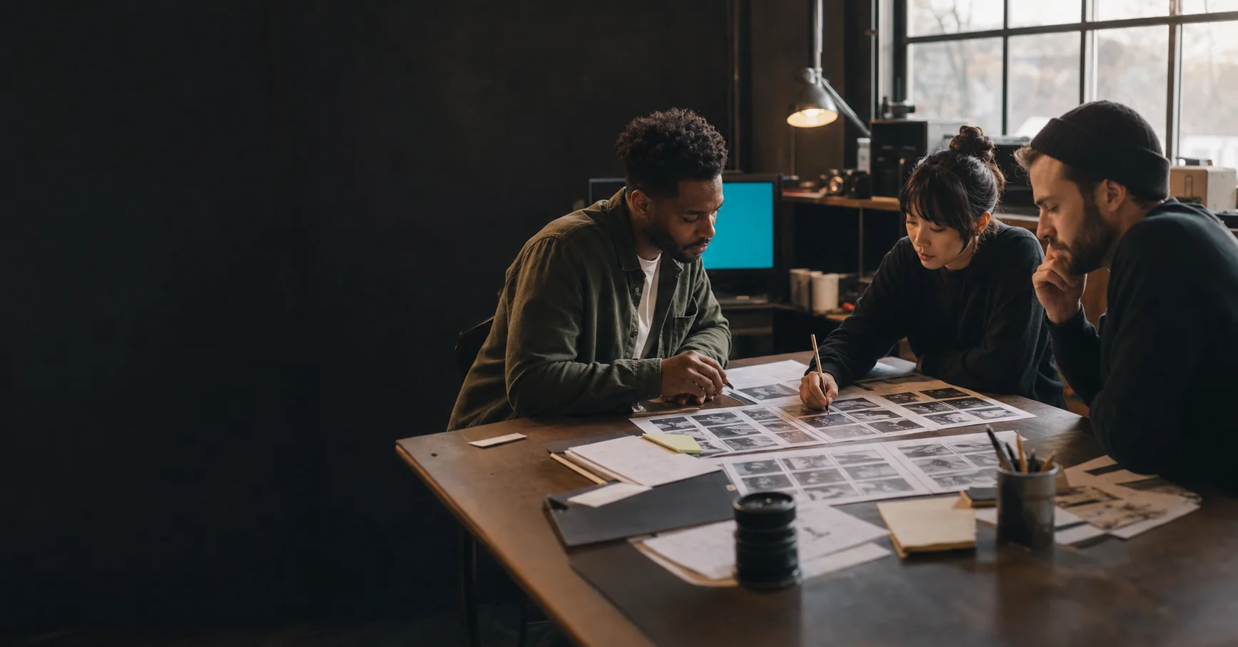 Three creative collaborators reviewing storyboard frames in a studio