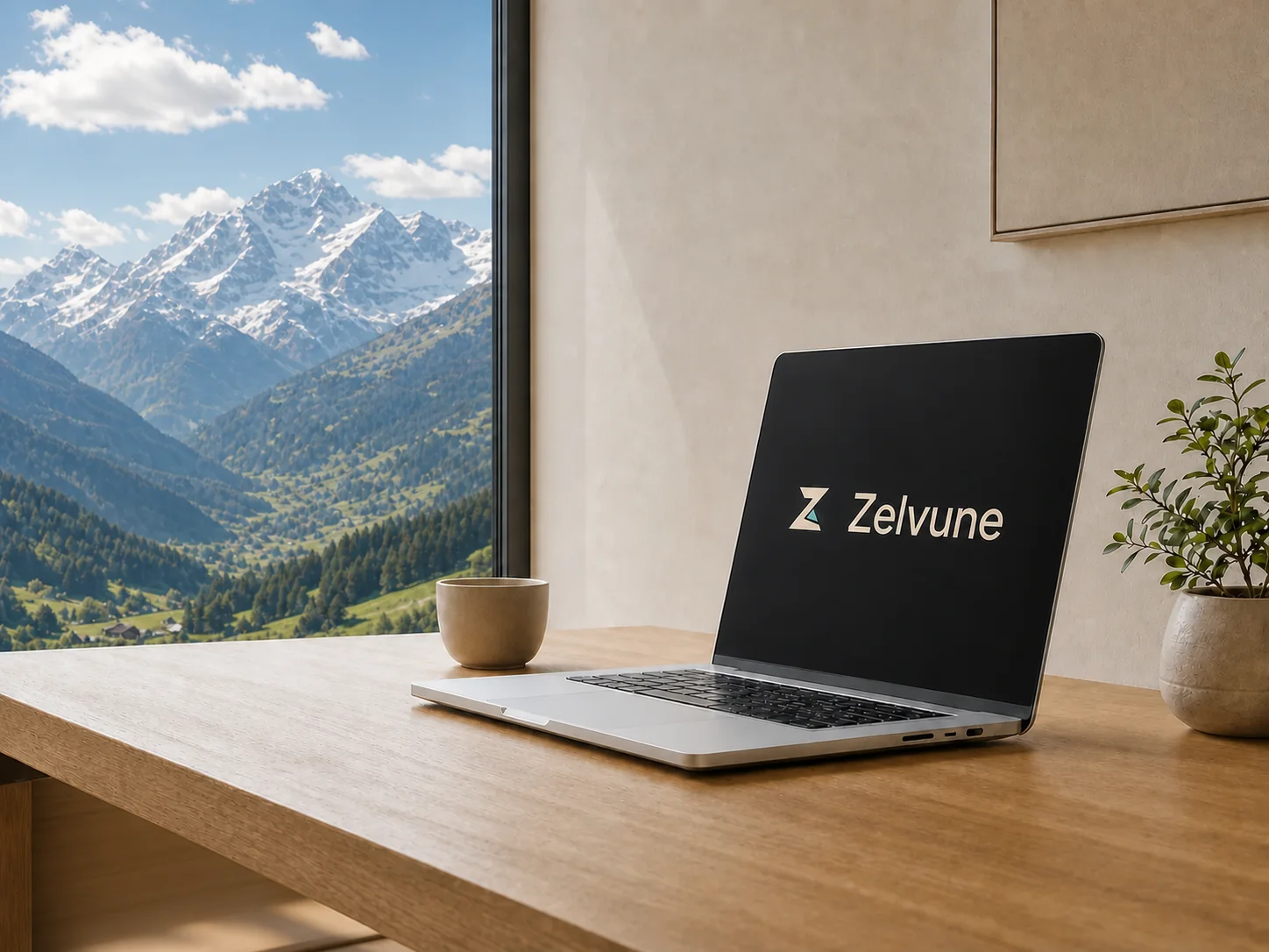 Apple-style laptop displaying the Zelvune logo on a clean desk beside a window overlooking green hills